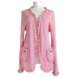 Edward Achour Paris Pink Ruffle Trim V-Neck Cardigan Sweater coquette old money